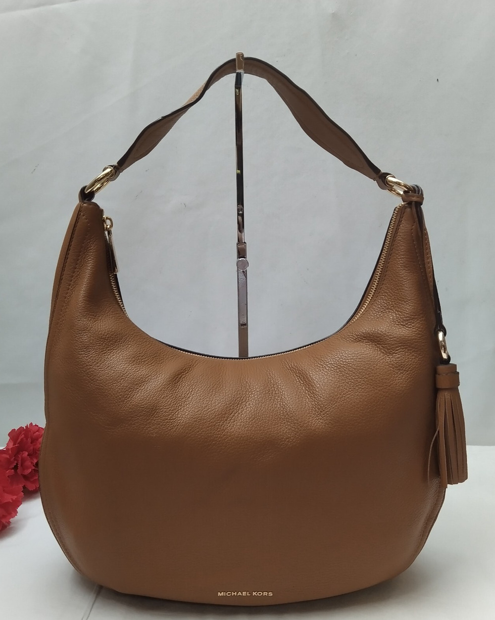 Michael Kors Lydia Brown Pebbled Leather Tassel Zipper Hobo Shoulder Bag